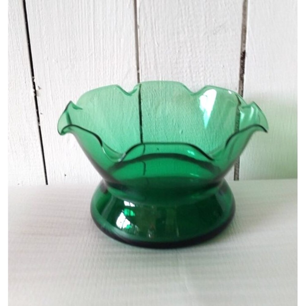 Vintage Green Depression Glass Candy Bowl/Vase with Crimped Edge